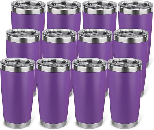 20oz Stainless Steel Tumbler Bulk with Lid, Travel Mug - Double Wall Vacuum Powder Coated Cup - Purple, 12 Pack