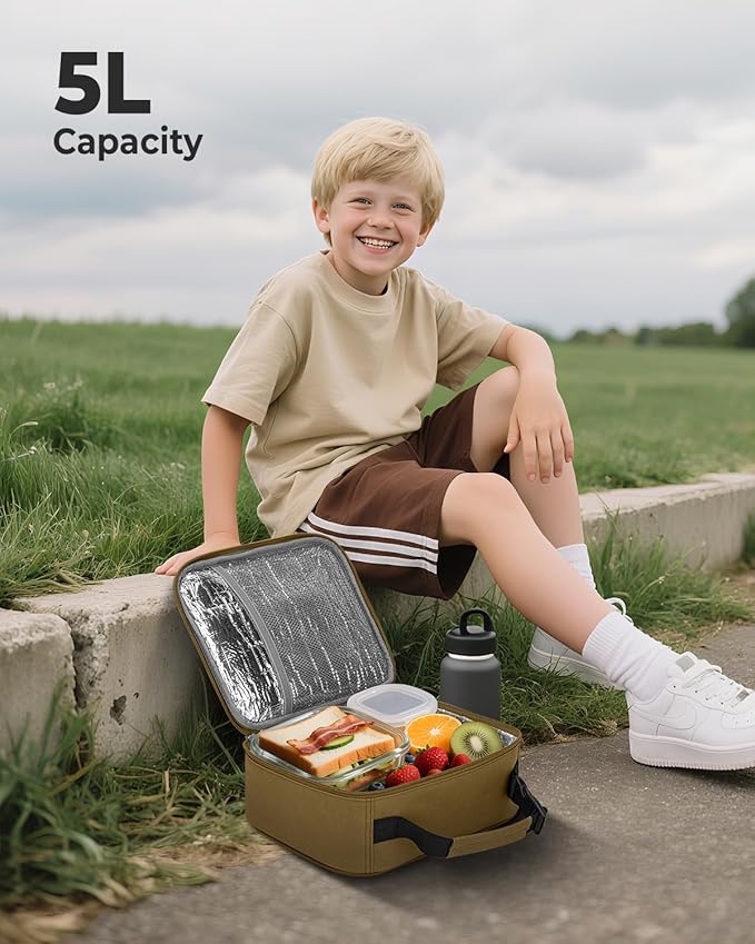 Tuwubi Kids Lunch Bag Insulated Lunch Box for Kids Small Lunch Bag for Boys/Girls Durable Lunchbox for School,Khaki 10-Can(5L)