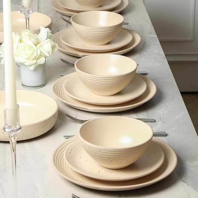 Stone Lain Lauren Modern Stoneware 32-piece Round Dinnerware Set, Plates and Bowls Set, Dish set for 8, Beige