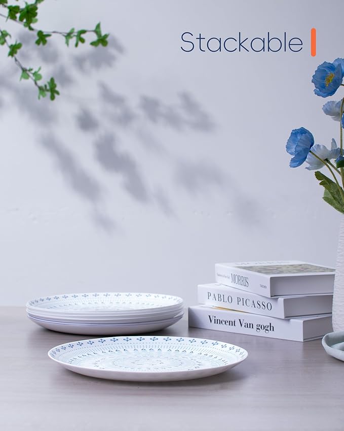 10.5 inch Dinner Plate Set of 6, Lightweight Round Opal Glass Dinnerware Plates, Dishwasher and Microwave Safe, Navy Geometric Floral Mandala Pattern