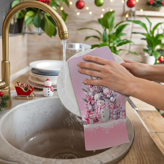 Pink Coquette Bow Christmas Snowman Kitchen Towels, Preppy Winter Dish Towels Drying Cloth for Kitchen, Winter Holiday Xmas Snowman Decorative Hand Towel for Bathroom, 16x24 Inch