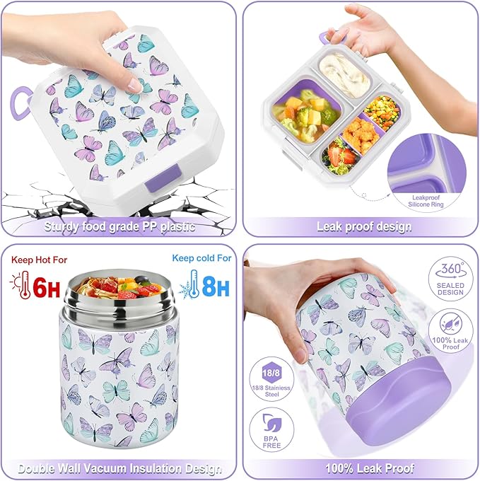 Bento Lunch Box for Kids with 12oz Soup Thermo Leak-Proof Lunch Food Container with 5 Compartment Thermo Hot Food Jar and Insulated Lunch Bag for Kid Toddler Girls Boys to School