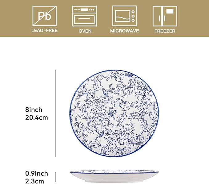 Sweejar Ceramic Dinner Plates Set, 8 Inch Porcelain Dessert Plates, Microwave & Dishwasher Safe Cake Plate for Salad, Pasta, Meat Steak, Set of 6(Vintage Blue)