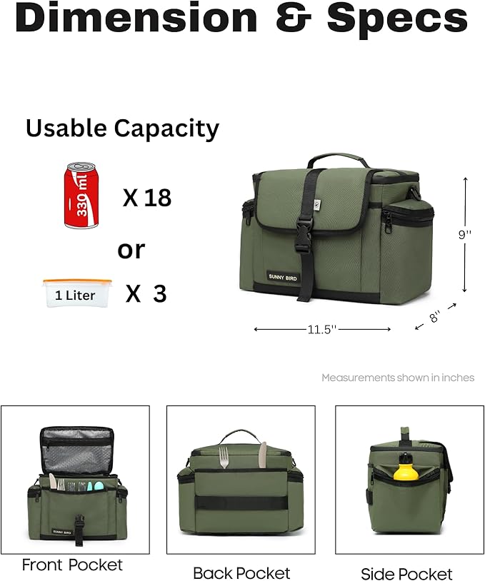 SUNNY BIRD Large Lunch Bag, Thermally Insulated Soft Cooler with Shoulder Strap for Women, Men (Khaki Green)