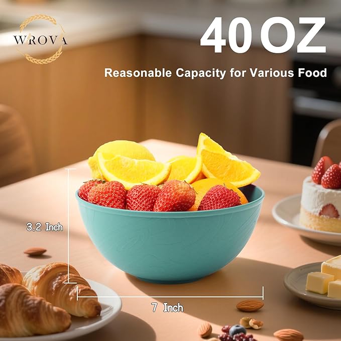 Wrova Wheat Straw Bowls for Kitchen set of 6,Anit-Scald Thick Soup Bowls 40oz,Microwave and Dishwasher Safe Bowl set easy to clean. Green