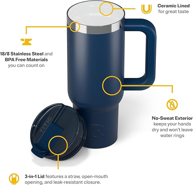 RTIC 30 oz Road Trip Tumbler Double-Walled Ceramic Lined InsulatedStainless Steel Portable Travel Coffee Mug Cup with Lid, Handle and Straw, Navy