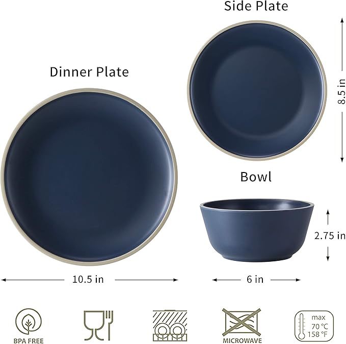 Melamine Dinnerware Sets for 4, Plates and Bowls Sets 12 Pcs, Melamine Plates, Nautical Dinnerware Sets, Modern Style,Dishwasher Safe, BPA Free, Suitable Indoor and Outdoor Use (Deep Blue)