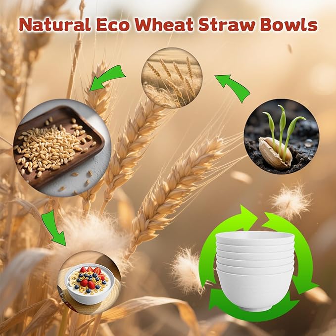 Wrova Wheat Straw Camping Bowls Sets of 6,Unbreakable 26oz Lightweight Bowls Sets for Outdoors Activity,Breakfast Bowls for Cereal and Salad.White Series