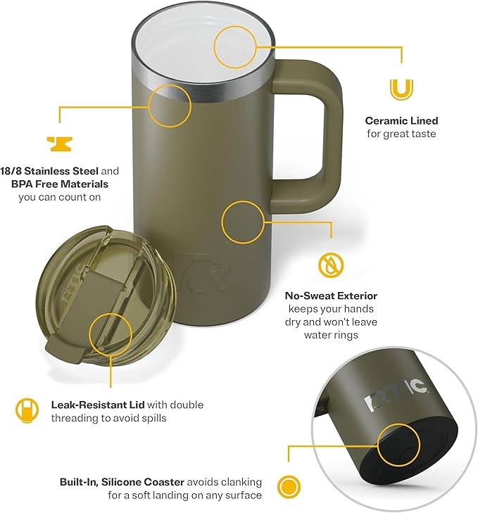 RTIC 16oz Road Trip Travel Mug with Lid and Handle, Ceramic Lined, Insulated, Stainless Steel, Metal, Double Wall Vacuum-Insulation, Portable Coffee, Tea Cup for Hot and Cold Drink, Olive