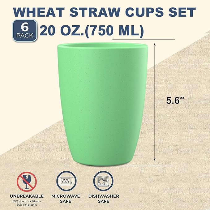 Wrova unbreakable wheat straw cups 20oz set of 6 with textured pattern anti slipping,big plastic drinkings cups microwave safe and dishwahser safe.White-Green-Blue