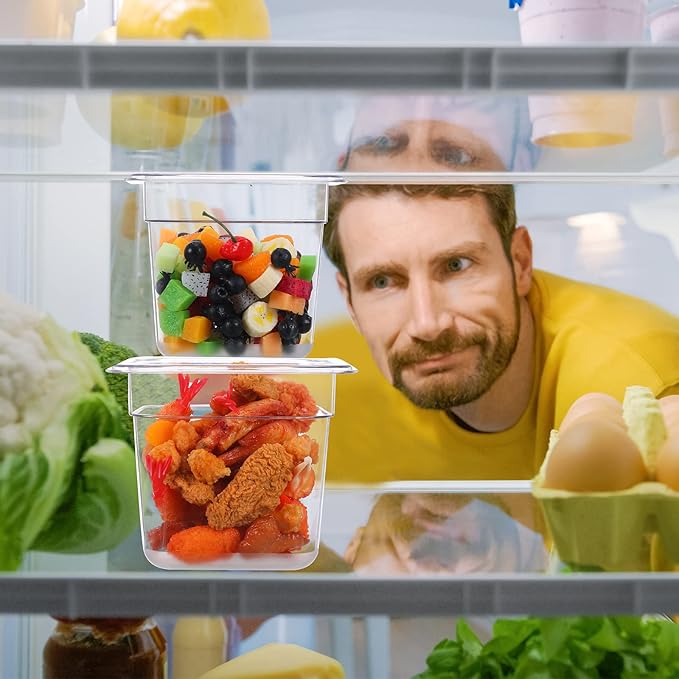 Yinder 12 Pcs Plastic Clear Food Pans 1/6 Size Stackable Polycarbonate Food Containers with Capacity Indicator Restaurant Commercial Hotel Pan for Fruits Vegetables Beans Corns (4'' Deep)