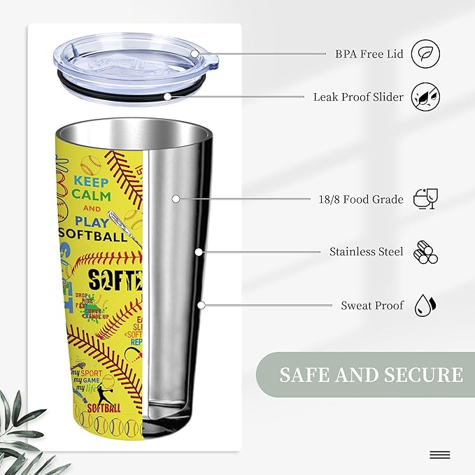 Softball Tumbler Cup With Lid - Lover Birthday Gifts, Stainless Steel Vacuum Coffee Mug for Women Men, 20 Oz
