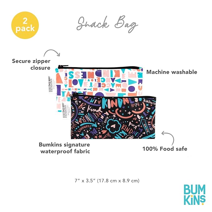 Bumkins Reusable Snack Bags, for Kids School Lunch and for Adults Portion, Washable Fabric, Waterproof Cloth Zip Bag, Supplies Travel Pouch, Food-Safe Storage, 2-pk Born This Way Kindness