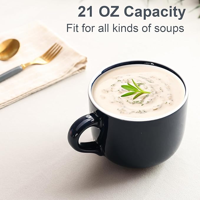 Soup Mugs with Handles Microwave Safe, 21 OZ Jumbo Ceramic Soup Mug, Soup Cups for Coffee, Tea, Soup, Cereal, Salad, Dishwasher & Oven Proof Soup Bowls with Handle, Dark Blue