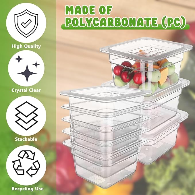 8 Set 1/6 Size Clear Polycarbonate Food Pans with Lids 4 Inch Deep Food Storage Containers Restaurant Hotel Pan with Lid Plastic Commercial Stackable Containers for Snack Fruits Vegetables Beans Corns