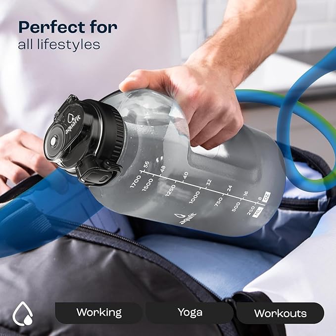 AQUAFIT Half Gallon Water Bottle with Time Marker - Straw & Chug Lid - BPA Free Gym Water Bottle with Straw - Big Gallon Jug (Gray, 64 oz - 2in1 Lid)