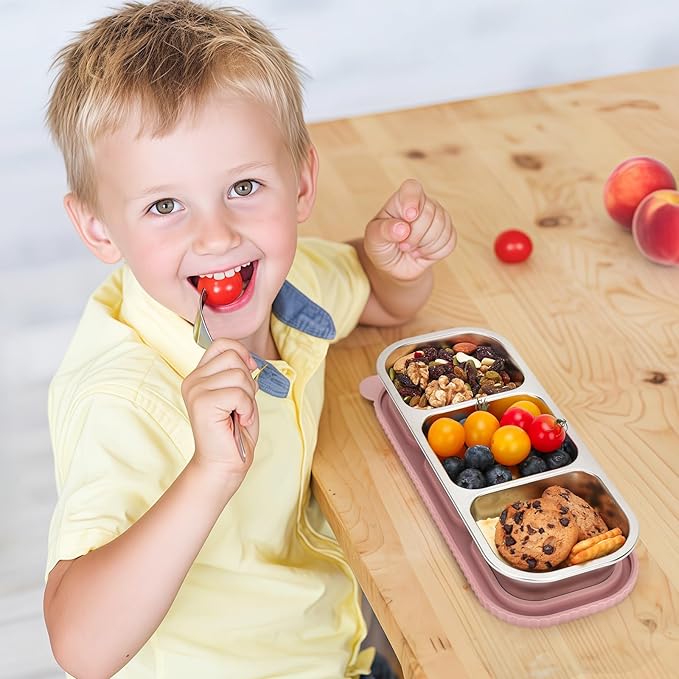 ﻿ 3 Compartment Stainless Steel Snack Containers with Silicone Lids, Reusable Food Storage Containers ，snackle box container for School ，Travel, Outdoor, Camping.