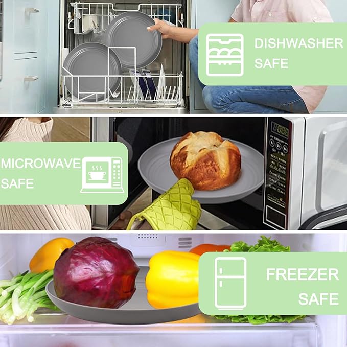 supernal 16pcs Dark Grey Wheat Straw Plates, Deep Dinner Plastic Plates, Reusable Plate, 10 inch Unbreakable Plate Set for Picninc, Camping, Lightweight Microwave Dishwasher Safe