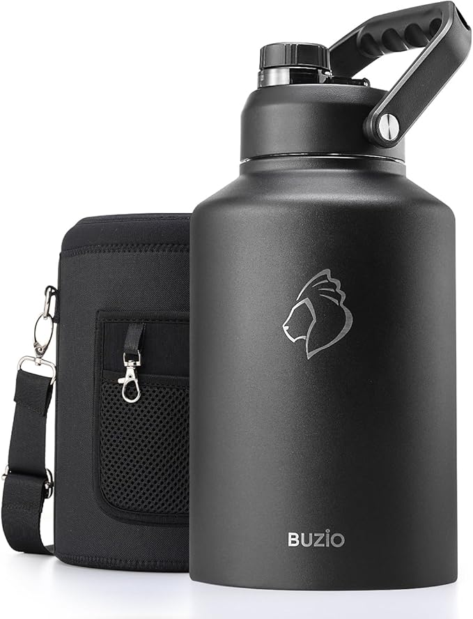 BUZIO 1 Gallon Water Bottle Insulated, (Cold for 48 Hrs) 3.58in Big Wide Mouth Leak Proof, 128oz Large Water Jug Stainless Steel Metal Flask with Handle for Camping,Outdoor Work,Travel,Hiking, Black