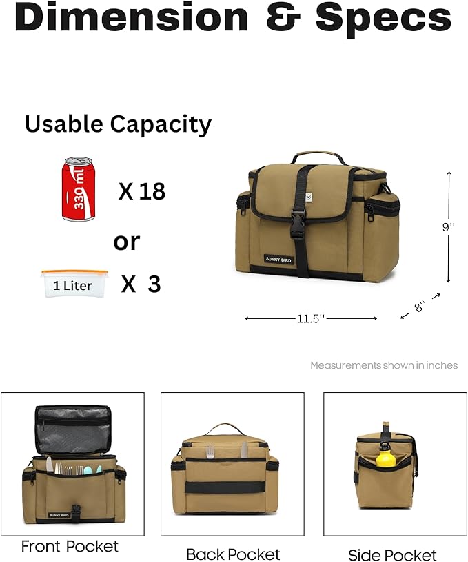 SUNNY BIRD Large Lunch Bag, Thermally Insulated Soft Cooler with Shoulder Strap for Women, Men (Bark Brown)