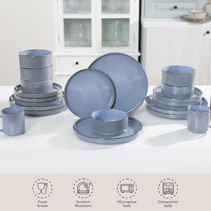 Romswi Ceramic 18Pcs Dinnerware Sets,Stoneware Plates and Bowls Set for 6, Chip & Scratch Resistant Ribbed Dish Set, Handmade Reactive Glaze, Oven, Microwave & Dishwasher Safe, Gray Blue