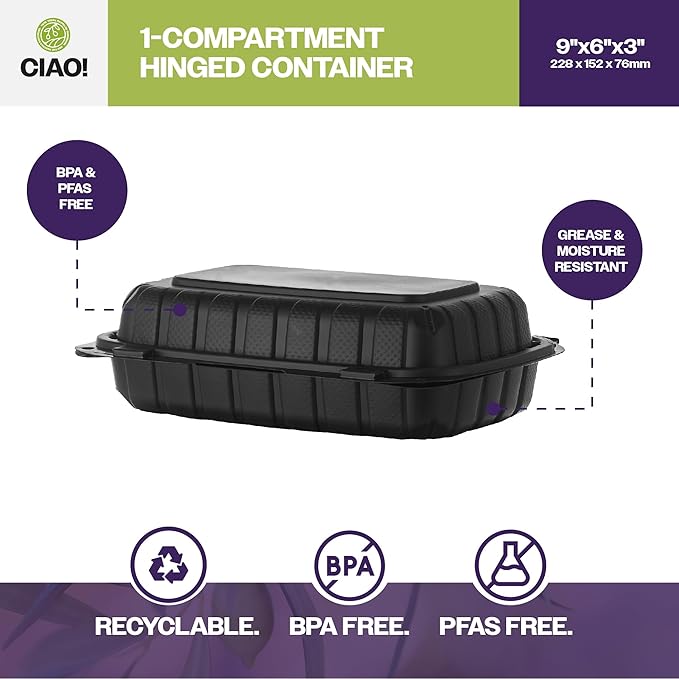 CIAO! 9"x6"x3" MFPP Black Hinged Container With Lid 1 Compartment (Case of 200)
