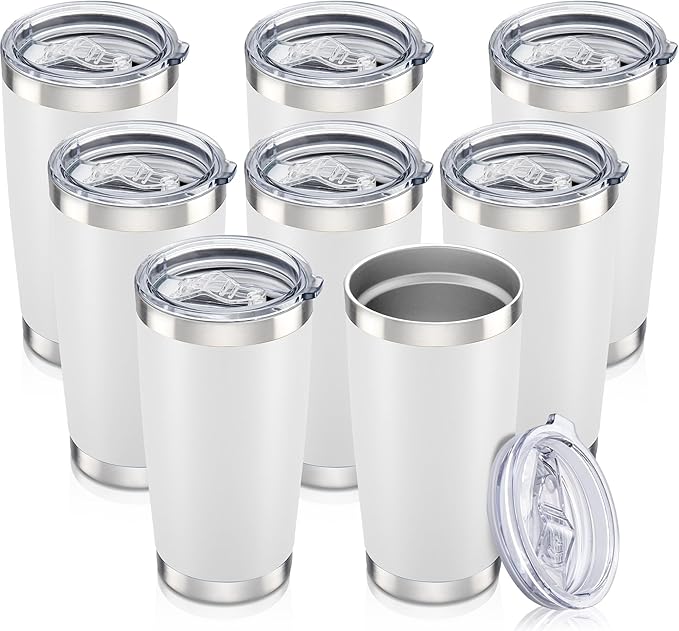 20 oz Tumbler with Lid Stainless Steel Insulated Tumblers Bulk Double Wall Vacuum Cups Powder Coated Travel Mug Keep Drink Cold and Hot, White, 8 Pack