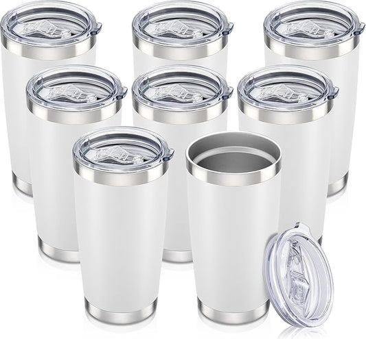 20 oz Tumbler with Lid Stainless Steel Insulated Tumblers Bulk Double Wall Vacuum Cups Powder Coated Travel Mug Keep Drink Cold and Hot, White, 8 Pack