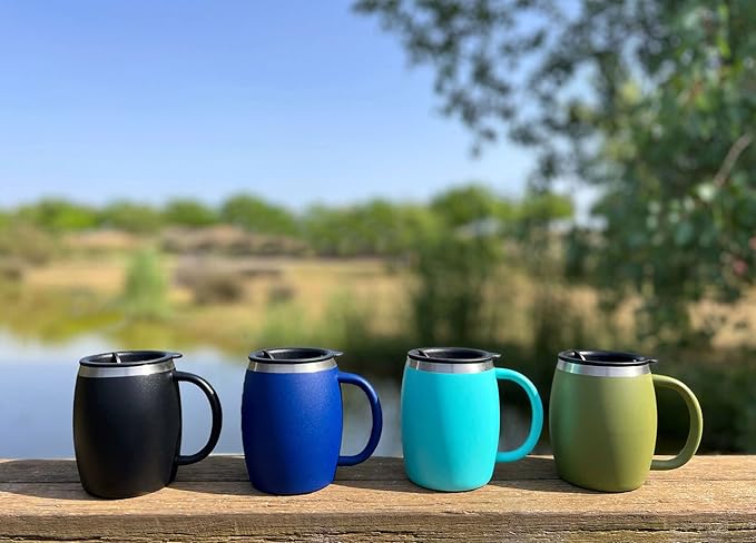 CHILLOUT LIFE Stainless Steel Insulated Coffee Mugs Set of 2 (14 oz) - Double Wall Coffee Cups With Spill Resistant Lid & Strong Handle, Shatterproof Cups for Cold Drinks, Hot Beverages