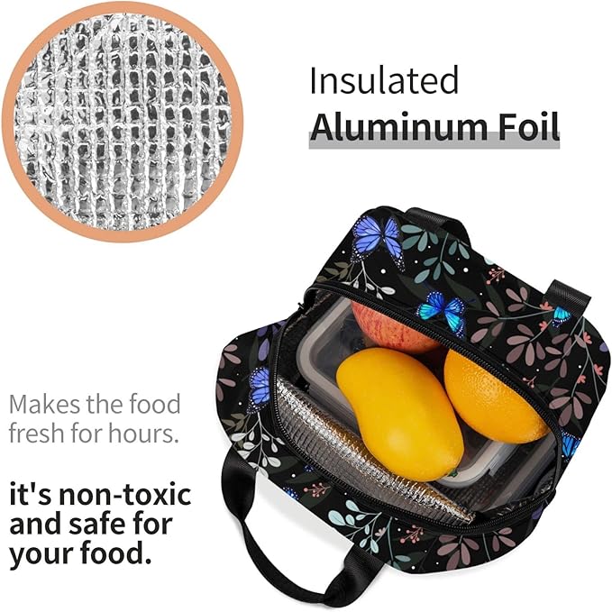 Butterfly Insulated Lunch Bag with Front Pocket,Reusable Cooler Tote with Zipper Use for Men & Women Camping/Hiking/Picnic/Beach/Travel