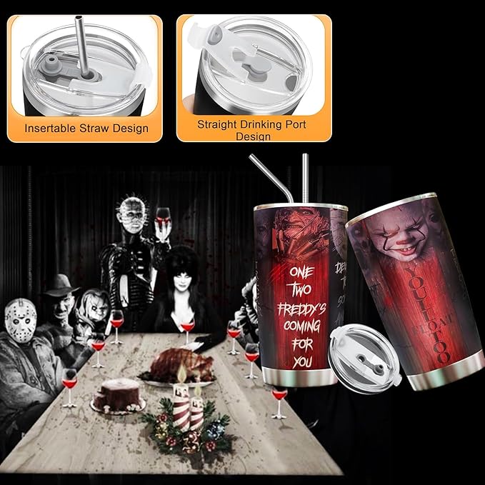 Horror Tumbler with Lid and straw - Gift for Men, Women Who Love A Good Scare - Halloween Coffee Cup - Gifts for Friend on Birthday, Christmas - Halloween Decorations - Horror Tumbler 20 Oz