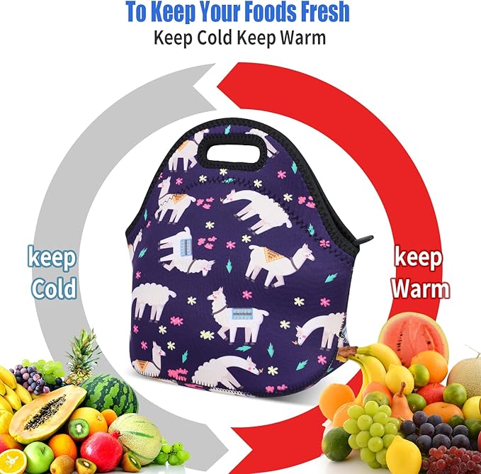 Violet Mist Lunch Bag, Alpaca Pattern, Neoprene Material, 11.42"L x 10.43"H x 5.51"W, 8.7 inches deep, fits containers up to 7"L x 6"W, Machine Washable