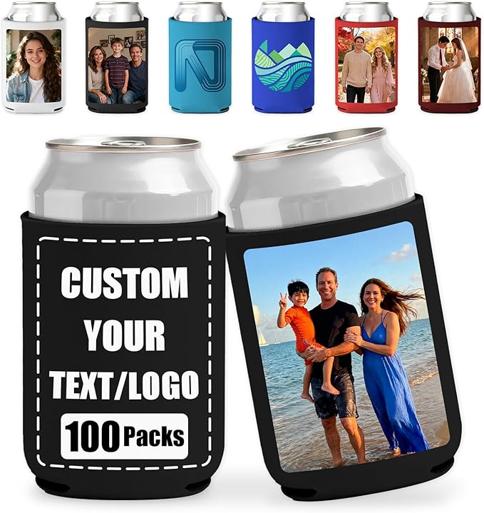 100 Pack Custom Can Coolers - Bulk Personalized Neoprene Beer Sleeves with Logo Text Photo Insulated Drink Holders for Weddings Parties Events