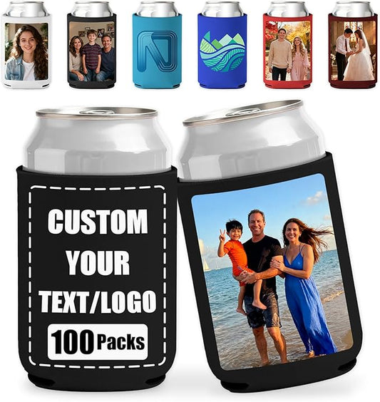 100 Pack Custom Can Coolers - Bulk Personalized Neoprene Beer Sleeves with Logo Text Photo Insulated Drink Holders for Weddings Parties Events