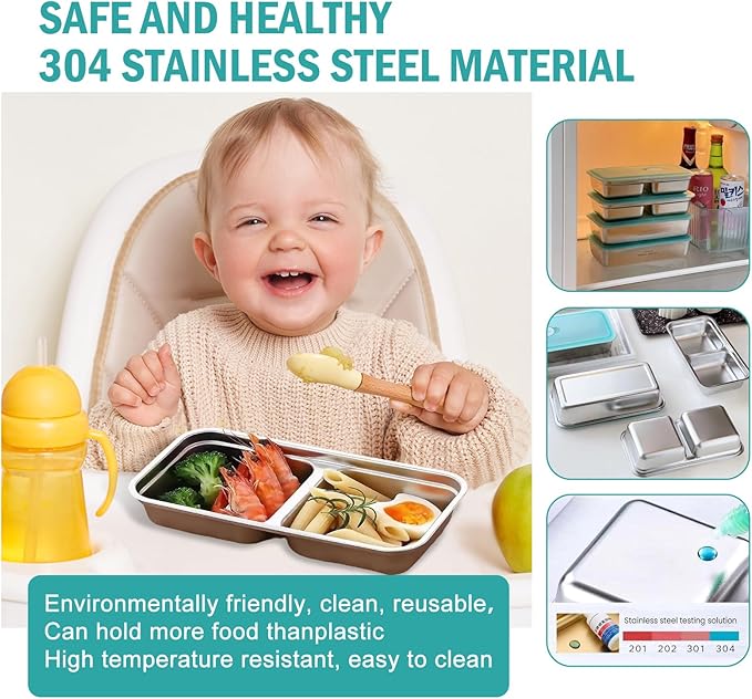 Reusable Stainless Steel Snack Containers with Lids,Double Compartment 2 Condiment Containers,Grab and Go Divided Snack Food Storage for Kids Adults, Sauce Cups for School, Trave (2)