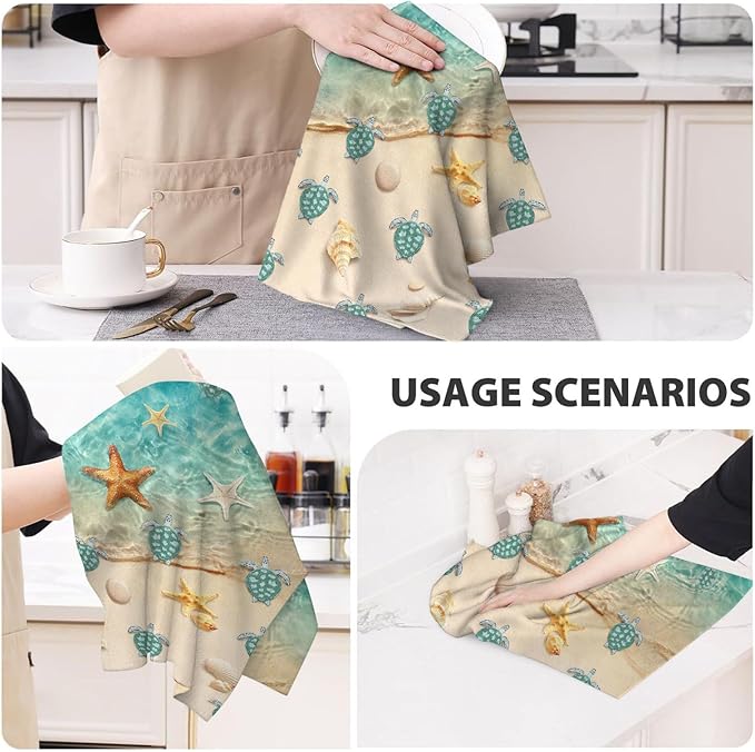 Sea Turtles Beach Kitchen Towels Decorative Set of 2 Teal Nautical Coastal Hand Towels for Kitchen Bathroom Bar Absorbent Dish Clothes Summer Ocean Themed Holiday Decor 16x24 Inch