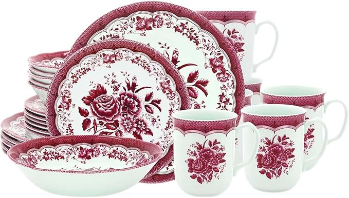 TUDOR ROYAL 24-Piece Porcelain Round Dinnerware Set, Service for 6, VICTORIA Red Design, Blue Floral, Plates Bowls Mugs Dishes, Premium Quality Ceramic Tableware, Unique Pattern, Glossy