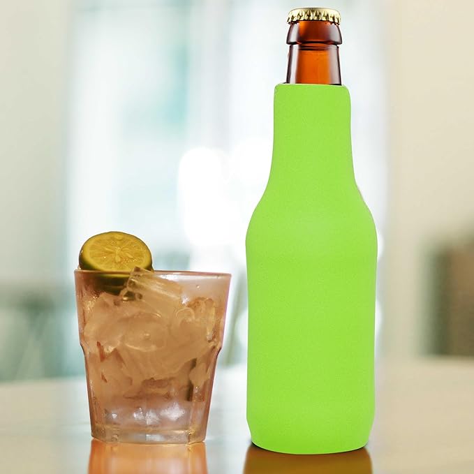 10 Neoprene Zippered Beer Bottle Coolies Pack - Sharkskin Rubber Bottom - Lime Green