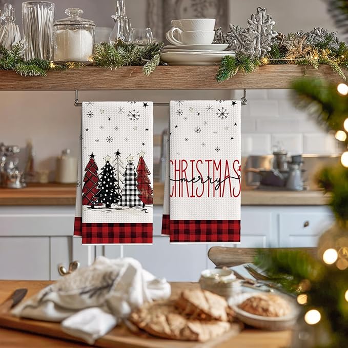 Artoid Mode Red Buffalo Plaid Xmas Tree Christmas Bar Kitchen Towels, 12x24 Inch Quick Dry Microfiber Cloth Dish Towels for Kitchen Drying Set of 2