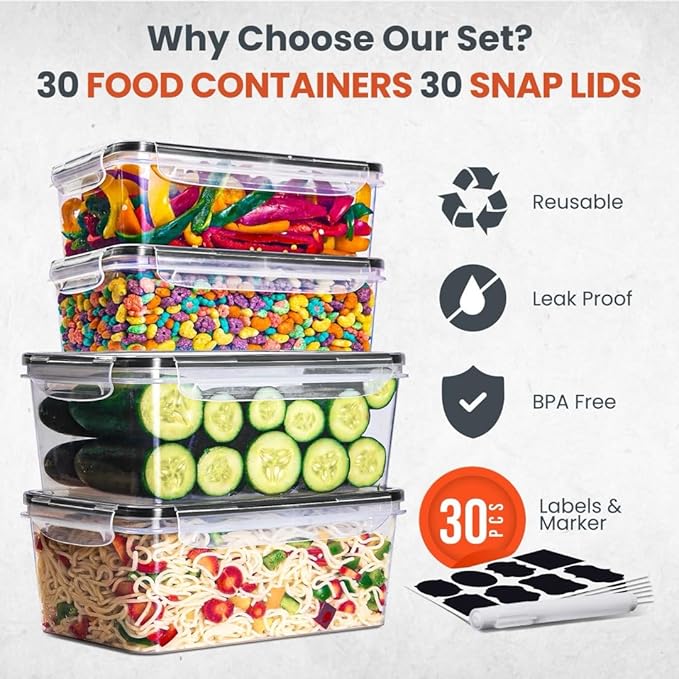 RFAQK 60 Pcs Food Storage Containers with Lids Airtight-75 OZ to 1.2 OZ (30 Containers & 30 Lids) 100% BPA-Free Clear Plastic Reusable Meal-Prep Containers for Fruit Storage