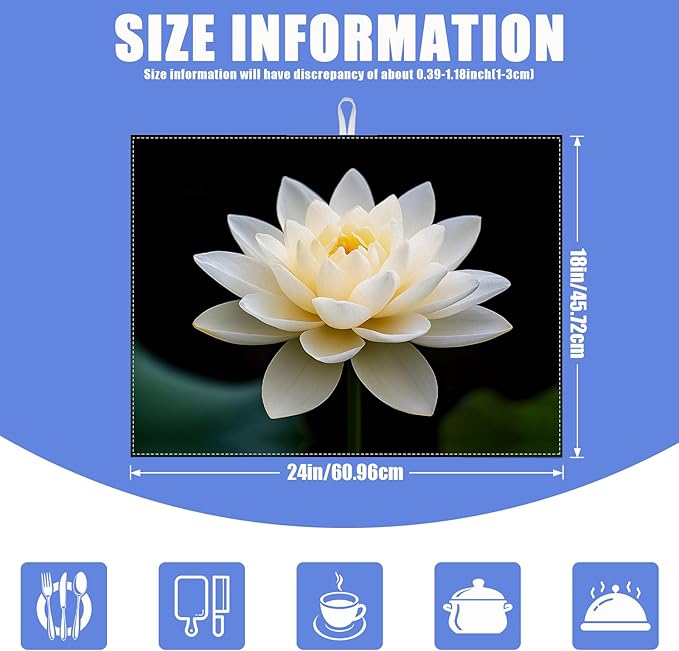 White Louts Flower Dish Drying Mat for Kitchen Counter Floral Drying Pad Absorbent Reversible Dish Drainer Rack Mats Draining Pad 18"x24"Inch