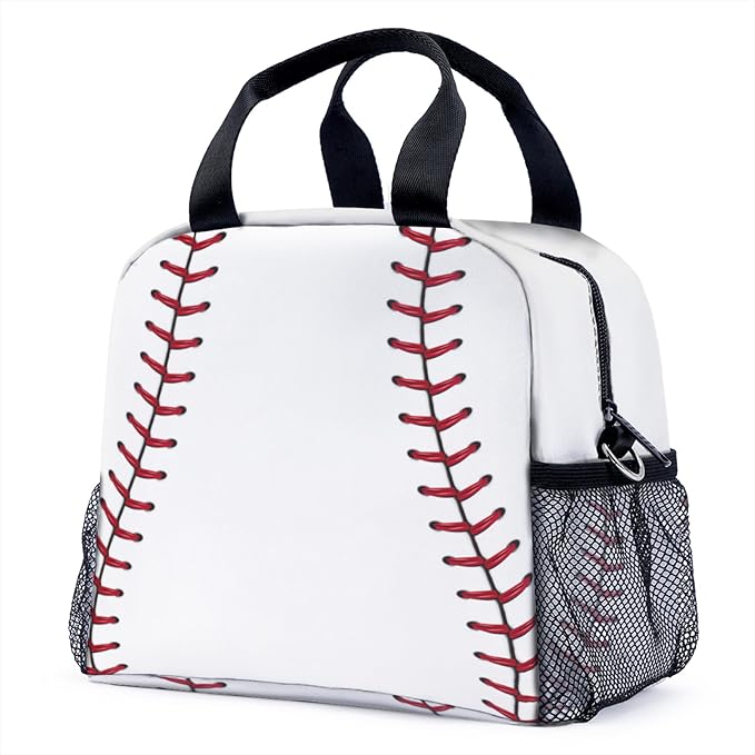 Baseball Pattern Lunch Bag for Women Men Cute Large Capacity Thermal Lunch Tote Reusable Washable with Adjustable Shoulder Strap and Dual Large Mesh Side Pockets