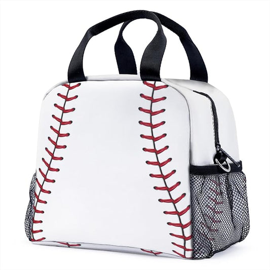 Baseball Pattern Lunch Bag for Women Men Cute Large Capacity Thermal Lunch Tote Reusable Washable with Adjustable Shoulder Strap and Dual Large Mesh Side Pockets
