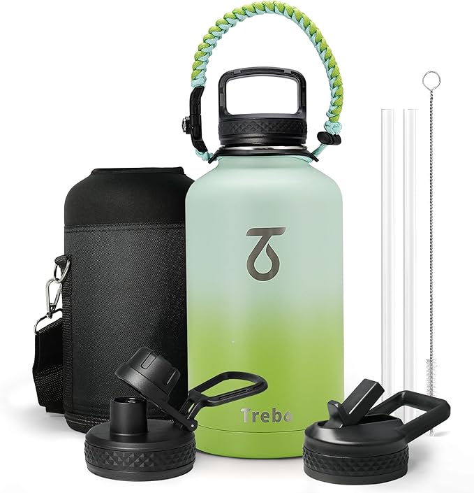 Trebo 64 oz Water Bottle Insulated with Paracord Handle and Straw, Half Gallon Vacuum Stainless Steel Large Water Jug Keep Cold 48 Hours, Reusable Water Flask with 3 Lids for Men Women Gym, Dark Green