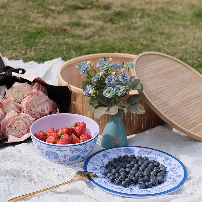 Melamine Dinnerware Set 12-Piece for 4 Dish Set Plates Bowls Unbreakable Dishware for Indoor Outdoor Use Lightweight Durable for Camping Picnics Parties Blue