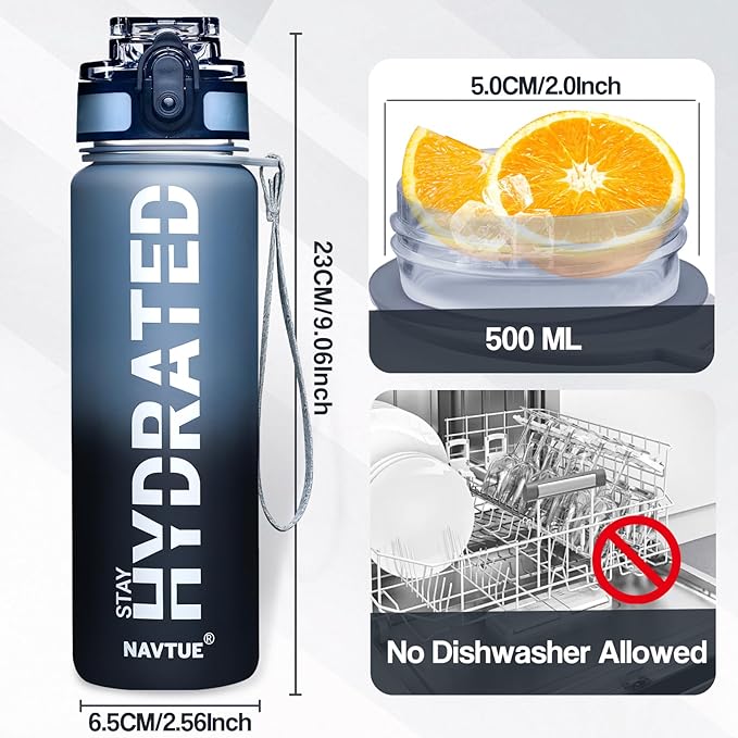 Water Bottle, 16oz Sports Water Bottles with Time Marker Wide Mouth, Motivational and Leakproof Drink Bottle, BPA Free Tritan with Carry Strap for Gym Fitness Outdoor(Direct Drink 1 Bottle)