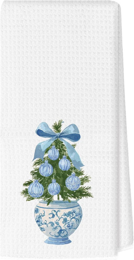 Blue Bow Chinoiserie Christmas Tree Kitchen Towels, Christmas Dish Tea Towels, Blue and White Grandmillennial Xmas Tree Hand Towel for Kitchen Bathroom Decor, 16x24 Inches