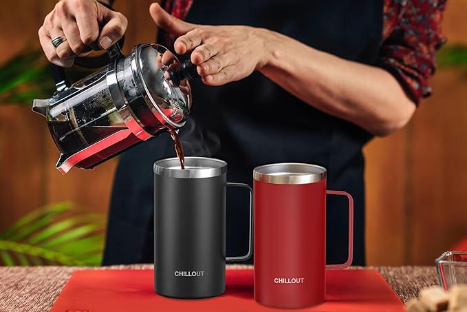 CHILLOUT LIFE Stainless Steel 20 oz Vacuum Insulated Coffee Mug with Handle and Lid, Large Thermal Camping Coffee Mug Cup with Durable Sliding Lid for Men & Women, Keeps your Beverages Hot/Cold