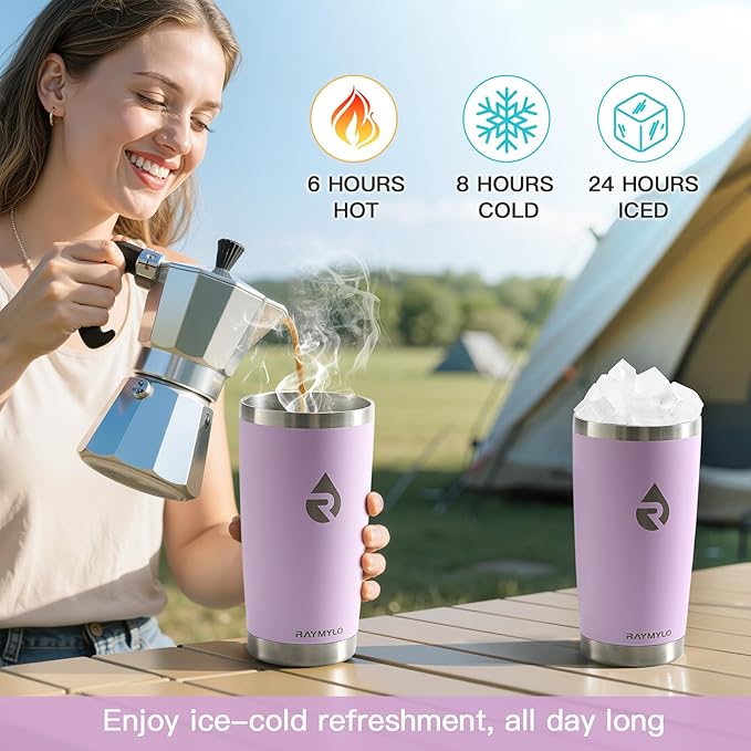 20 oz Coffee Tumbler - Insulated Stainless Steel Travel Mug for Hot/Cold, Spill Proof with BPA-Free Detachable Lid, Coffee Cup Fits Most Car holder, Includes Chic Stickers, Light Purple