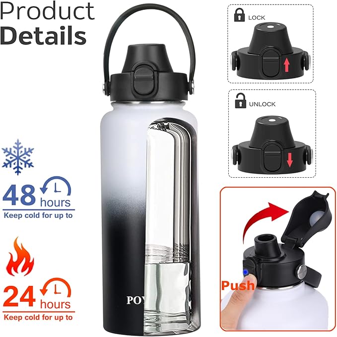 Water Bottle Insulated 32oz 40oz 64oz 128oz Straw Lid Spout Lid & 3 Lids, Leak Proof, Vacuum Insulated,Stainless Steel Water Bottle Wide Mouth for Sports, Gym or Office